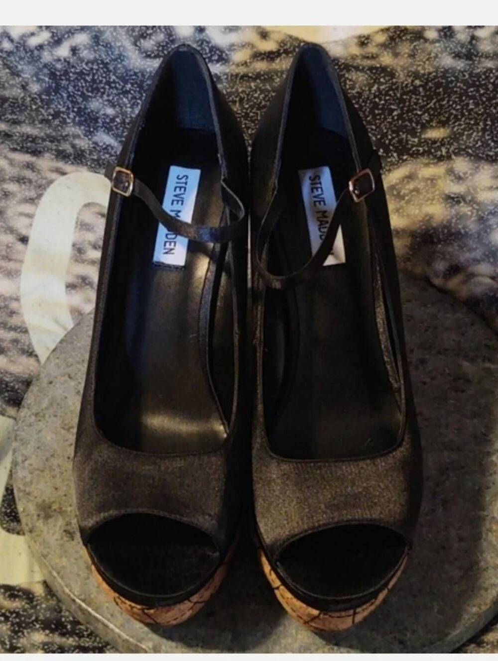 MASTTER Steve Madden Black Satin Cork Wedge Size 9.5